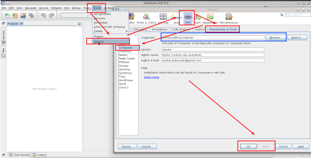 Configurando o composer no netbeans